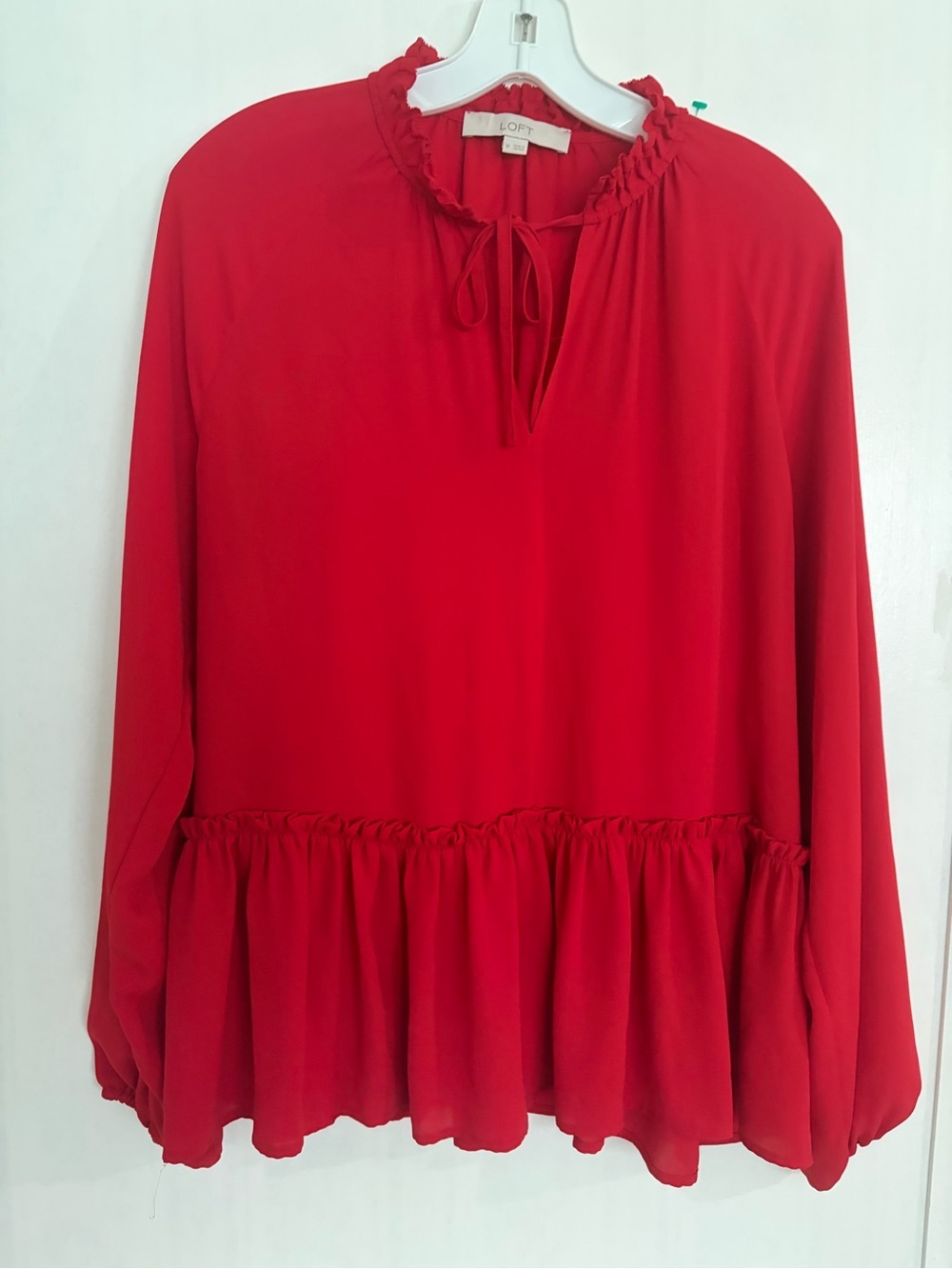 LOFT Red Peplum Tie-Neck Blouse - Picture 2 of 8